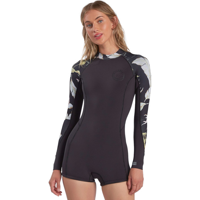 2021 Billabong Womens Spring Fever 2mm Long Sleeve Shorty Wetsuit  ABJW400101 Maui Black