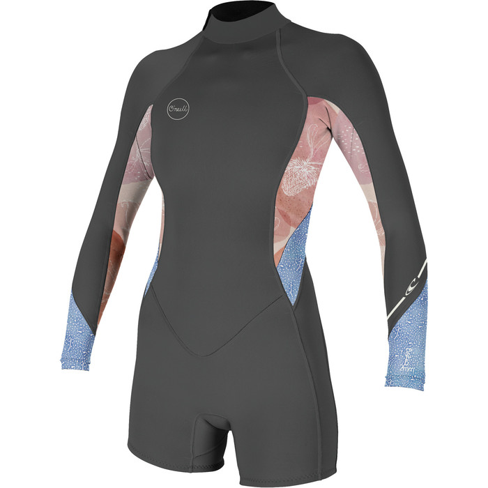 2022 O'Neill Womens Bahia 2mm Long Sleeve Shorty Wetsuit 5291 - Graphite / Desert Bloom / Drift Blue