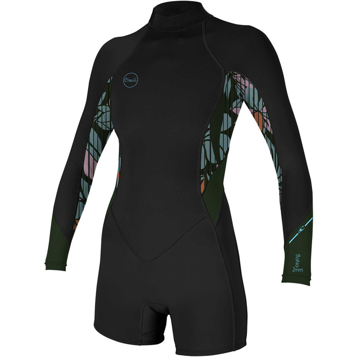 2021 O'Neill Womens Bahia 2/1mm Back Zip Long Sleeve Shorty Wetsuit 5291 - Black / Baylen / Dark Olive