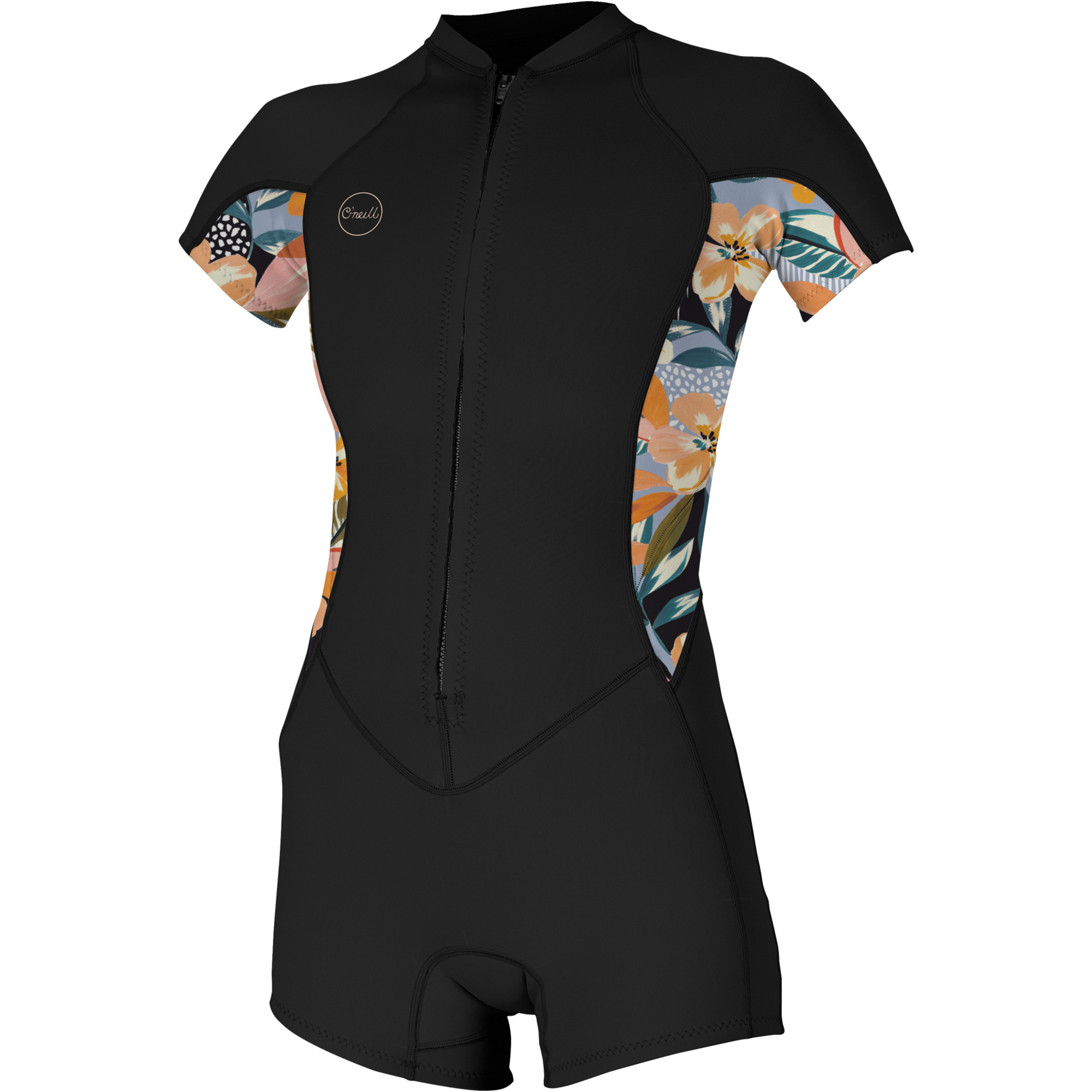 2024 O'Neill Womens Bahia 2/1mm Front Zip Shorty Wetsuit 5293 Black / Demiflor Wetsuit Outlet