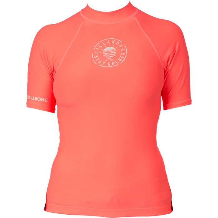 Billabong Ladies Logo In Short Sleeve Rash Vest Neon Coral W4GY01