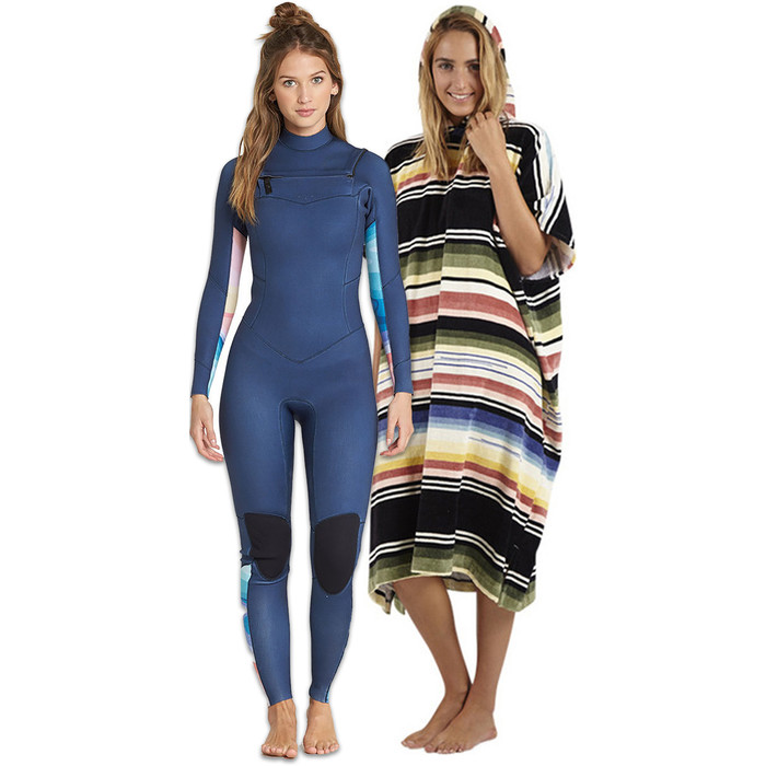 Billabong Womens Salty Dayz 5/4 Chest Zip Wetsuit & Salty Hooded Poncho Package - Blue Swell