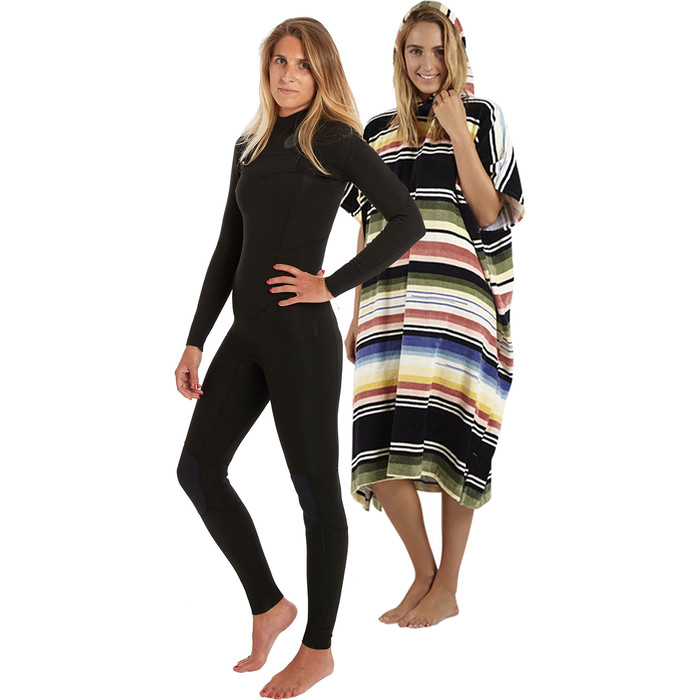 Billabong Womens Salty Dayz 3/2 Chest Zip Wetsuit & Salty Hooded Poncho Package - Black Palms