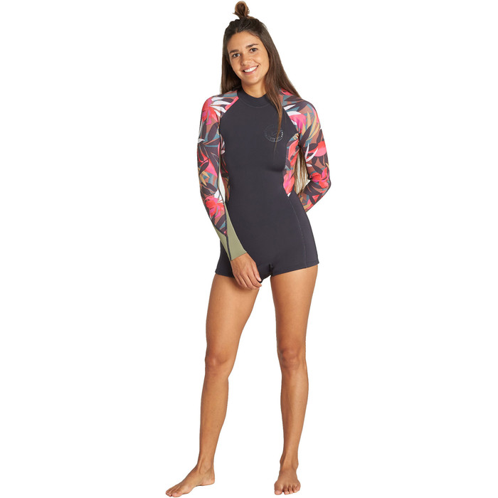 2019 Billabong Womens Spring Fever 2mm Long Sleeve Back Zip Shorty Wetsuit Tropical Q42G03