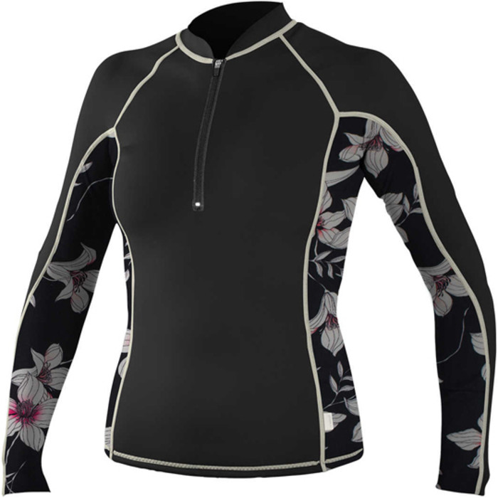 O'Neill Womens Front Zip Long Sleeve Rash Vest BLACK / FLOWER / CHAMPAGNE 5059S