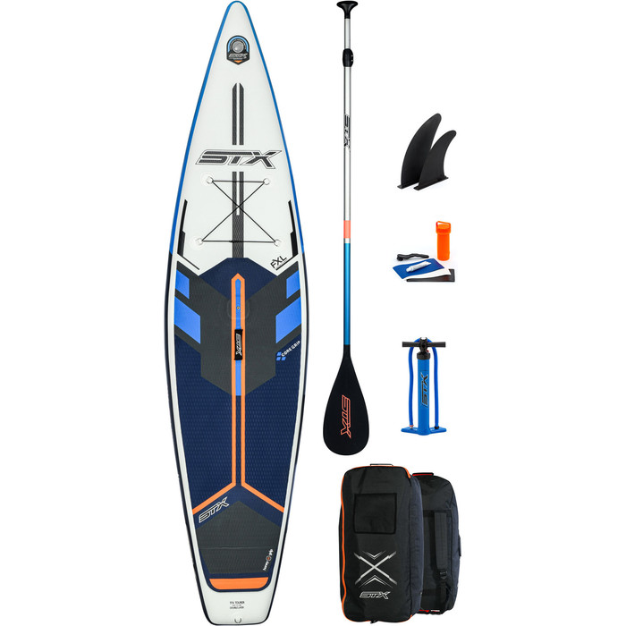 2021 STX Touring Windsurf 11'6 Inflatable Stand Up Paddle Board Package - Board, Bag, Paddle, Pump & Leash - Blue / Orange