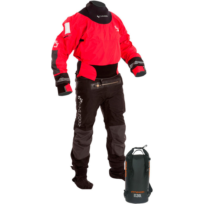 2019 Typhoon Multisport 4 Four Drysuit Including Con Zip & Backpack Dry Bag Red / Black 100140