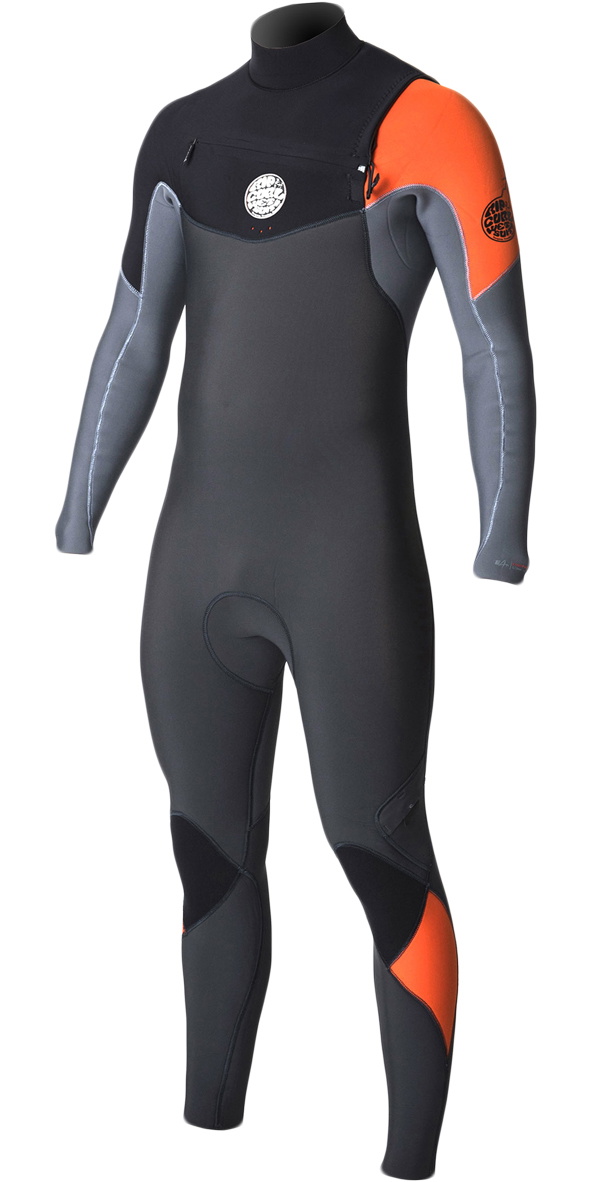 Rip Curl chest zip wetsuit in black and grey with bright orange arm and lower leg panels
