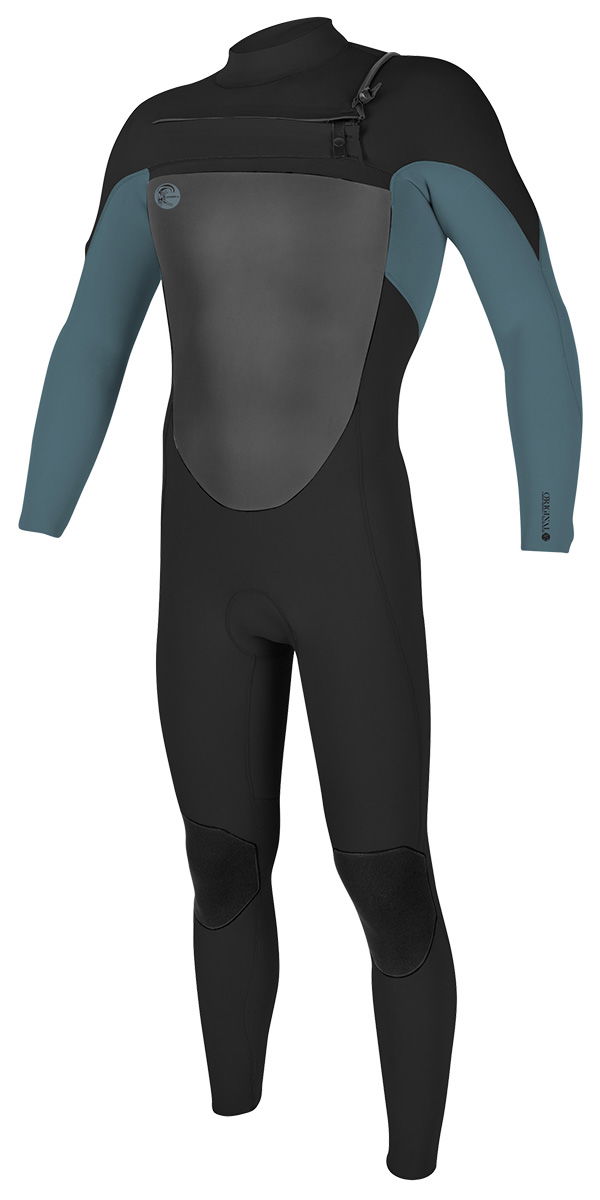 O'Neill chest zip wetsuit in black with slate blue arms and a grey chest panel