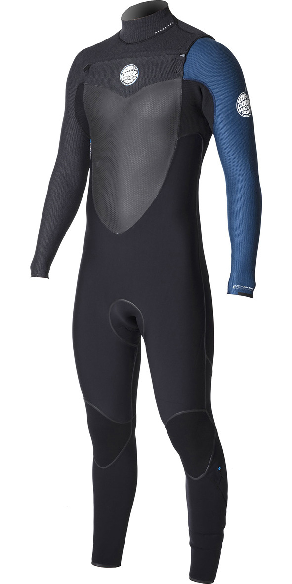 Rip Curl chest zip wetsuit in black with a navy arm and textured chest lining