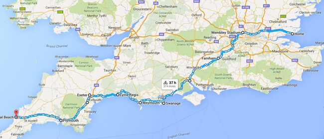 Map showing Jonny's route