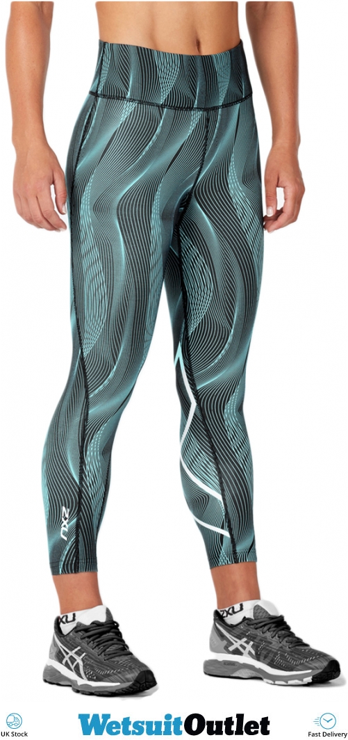 2XU Womens Mid-Rise Print Compression Tights ARUBA BLUE VERTICAL WA4629b | Wetsuit Outlet