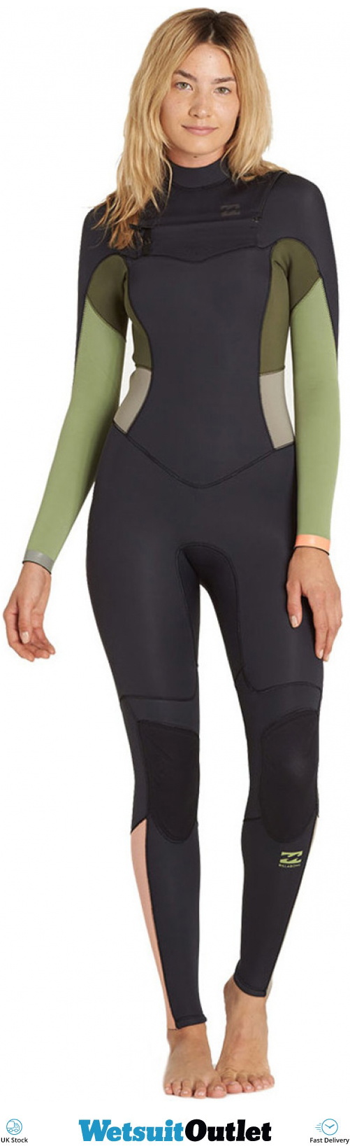 Billabong Womens 3/2mm Synergy Chest Zip Wetsuit GREEN TEA F43G11