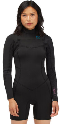 2024 Billabong Womens Synergy 2mm Chest Zip Long Sleeve Shorty Wetsuit C42G55 - Black Palms