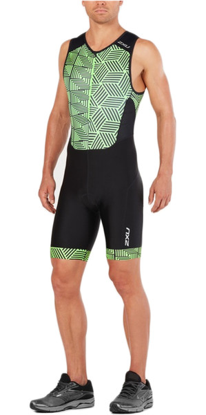 2018 2XU Perform Front Zip Sleeveless Trisuit BLACK / NEON GREEN MT4848d