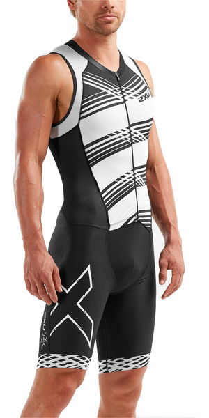 2019 2XU Mens Compression Full Zip Sleeveless Trisuit Black / White Lines MT5517d