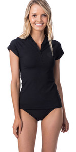 2020 Rip Curl Womens Premium Rib Front Zip Cap Sleeve UV Surf Top WLY9AW - Black