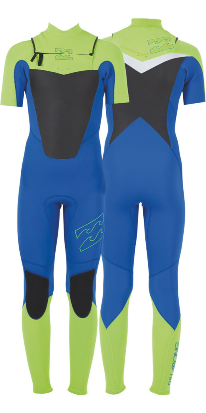 2014 Billabong Junior Foil 2mm S/S Chest Zip Wetsuit Blue/Lime P42B01