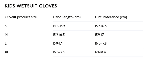ONeill Junior Gloves 22 0 Size Chart