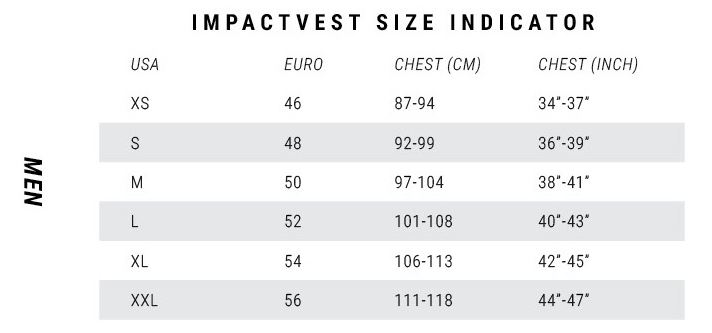 Mystic Impact Vest Size Chart